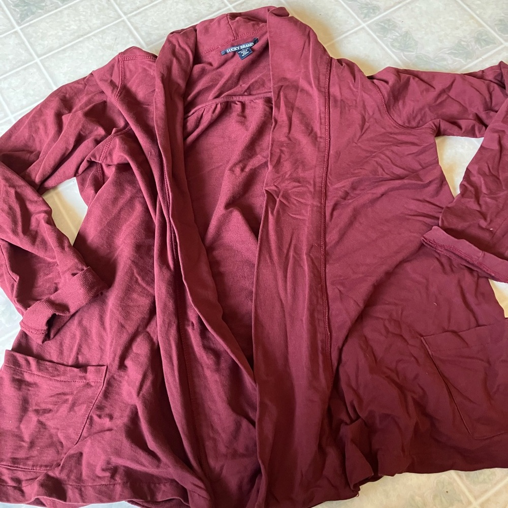Lucky Brand cranberry french terry knit open front Cardigan